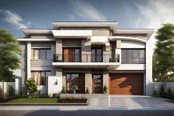 Obraz premium Modern Two-Story House with Garage and Balcony in Sunlight