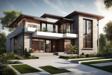 Fototapeta na wymiar Modern Two-Story House with Wooden and White Exterior, Palm Trees, and Landscaped Garden