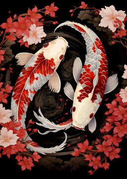 Koi Fish and Gold Fish in Japanese Style