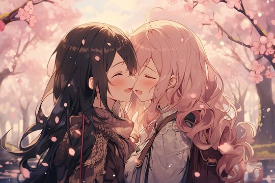 beautiful couple of happy anime girls in love under cherry sakura blossom
