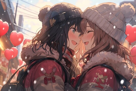 couple of happy girls in love in warm clothes and hat on the street on valentine's day in anime style