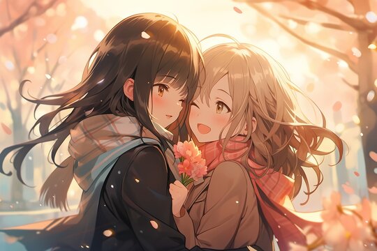 couple of happy anime girls in love under cherry sakura blossom