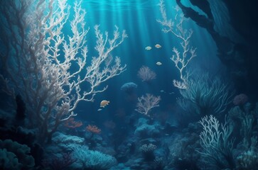 Fototapeta premium A beautiful underwater scene of a coral reef with tropical fish swimming around. The light filters through the water, creating a serene and peaceful atmosphere.Created with generative AI