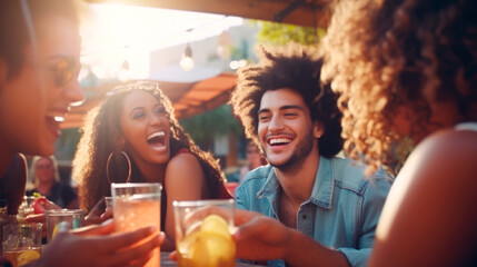 Multiracial friends toasting cocktail glasses outdoors at summer vacation. Young happy people drinking alcohol together sitting at bar table.