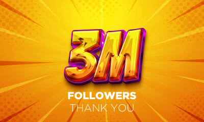 3 Million followers celebration. Social media poster. Followers, thank your lettering. 3D Rendering