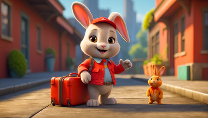 Cute cartoon bunny  character  with a suitcase on the platform