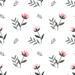 Seamless pattern, small flowers and scattered leaves. Floral rustic background, print, textile, wallpaper, vector