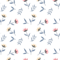Seamless pattern, small flowers and scattered leaves. Floral rustic background, print, textile, wallpaper, vector