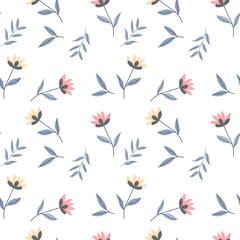 Seamless pattern, small flowers and scattered leaves. Floral rustic background, print, textile, wallpaper, vector