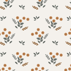 Fototapeta premium Seamless pattern, small flowers and scattered leaves. Floral rustic background, print, textile, wallpaper, vector