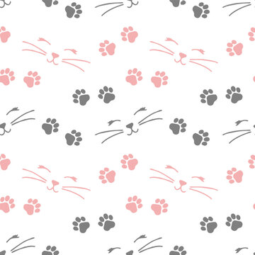 Seamless pattern, cat faces and paw prints on a white background. Print, background, children's textile, wallpaper, vector