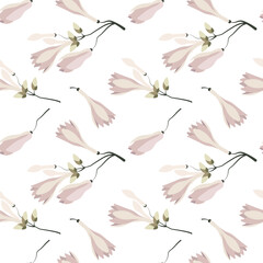 Seamless pattern, delicate pink magnolia flowers with buds. Print, floral background, textile, wallpaper, vector