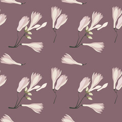 Fototapeta na wymiar Seamless pattern, delicate pink magnolia flowers with buds. Print, floral background, textile, wallpaper, vector