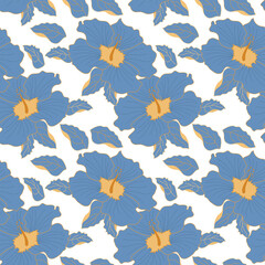 Fototapeta na wymiar Seamless pattern, elegant blue and gold hibiscus flowers. Print, floral background, textile, wallpaper, vector