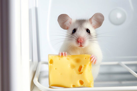 frightened mouse or hamster holds cheese in its paws against the background of an empty refrigerator. Funny animal in the fridge