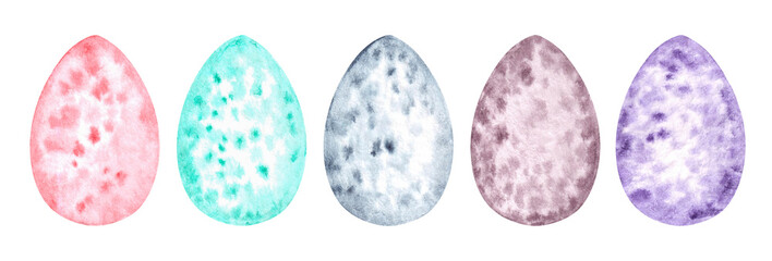 Set collection of isolated multicolored eastrer eggs with watercolor textures with blots,spots and splashes for cards,design,invitations.