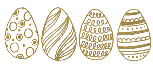 Set collection of hand drawn golden lined easter eggs with different dots, waves, lines.Easter party isolated elements.Isolated