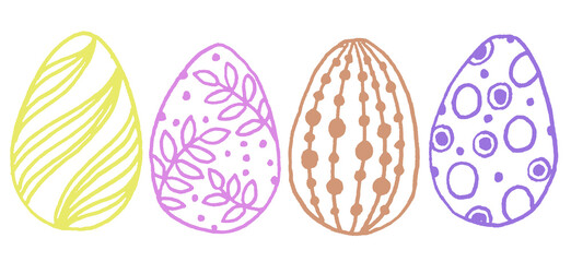Set collection of hand drawn multicolored lined easter eggs with different dots, waves, lines.Easter party isolated elements.Isolated