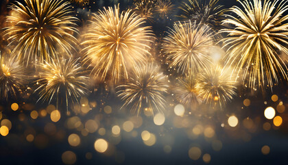 Gold fireworks with bokeh lights. - obrazy, fototapety, plakaty