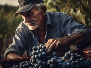 A winemaker inspecting grapes during the harvest season