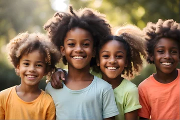 Fotobehang Group of African American children smiling in an outdoor background, playful childhood, generative AI © DigitalCanvas