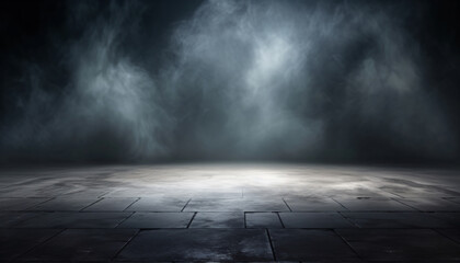 Background of an empty dark room. Empty walls, lights, smoke, Abstract light in a dark empty street with smoke. Dark street, night smog and smoke.  - obrazy, fototapety, plakaty