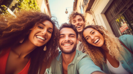 Obraz premium Multiracial group of friends having fun outside. Friendship concept man and woman hanging out on city street. 