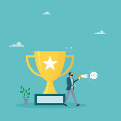 Telling a story or inspiring people, aspiration concept, success story to motivate people to develop. A guy tells a success story with a megaphone with a winner's trophy.
