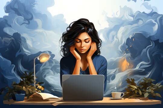 Upset woman sitting with a laptop on the background of fire and smoke, work during a stressful state in a person. illustration concept of overload in the workplace.