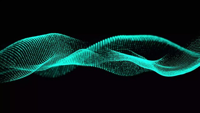 Abstract light blue color dots net particles flowing wave animated pattern halftone gradient curve shape isolated on black background