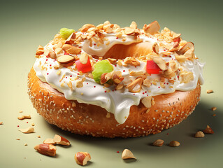 Close-up view of turkish sesame bagel on left side and black background with copy space