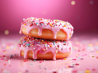 Donut with pink icing on a colored background isolated