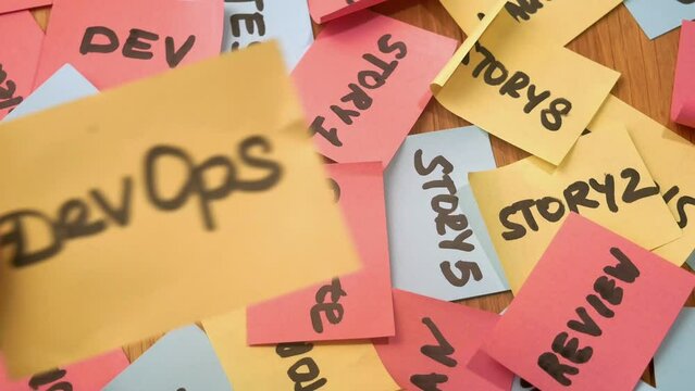 software scrum agile and devops  paper task on the table rotating, agile software development methodologies concept