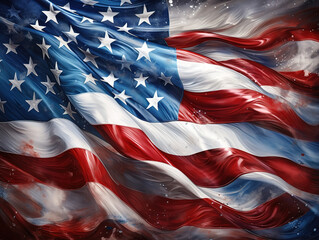 An american flag is blowing in the wind on a dark background