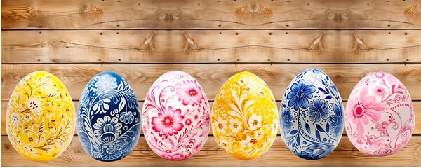 easter eggs on a wooden background with space for text.