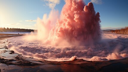 Geothermal Majesty: Explosive Geyser at Sunset