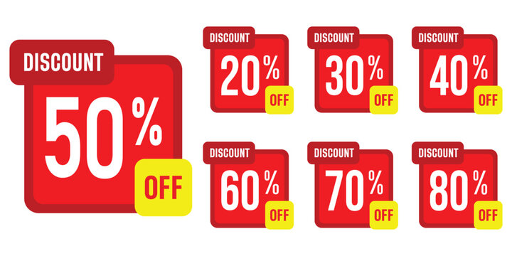 Set of discount price tag label vector. discount sticker tags label price sale promotion offer. Sell off up to 20, 30, 40, 50, 60, 70, 80 percent vector illustration isolated on white.