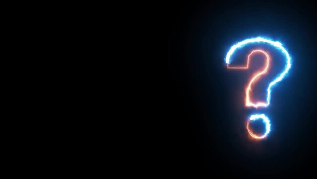 Glowing fire purple and blue neon question mark symbol on alpha channel background. Question mark sign animation. Neon colored digital 3D big question sign
