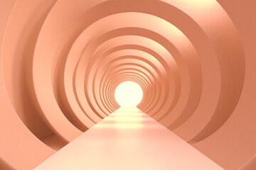 Obraz premium Futuristic empty peach fuzz color tunnel. Pastel orange round corridor with light for showcase and display products.