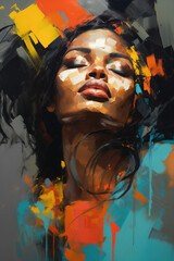 Beautiful african woman with eyes closed, sensual portrait, realistic palette knife painting