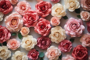Assorted roses heads. Various soft roses and leaves scattered on a vintage background, overhead view
