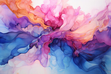Beautiful abstraction of liquid paints in slow blending flow mixing together gently
