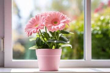 Beautiful pink gerbera in a flower pot on a windows