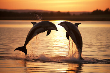 Playful dolphins jumping in the sea at sunset