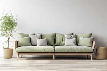 Modern Scandinavian Living Room with Light Green Sofa, Beige Pillows, and Wall Copy Space