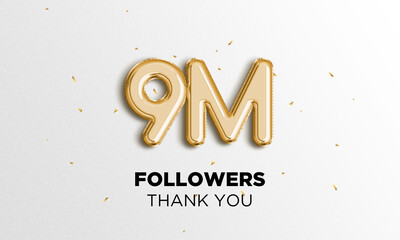9 Million followers celebration. Social media poster. Followers, thank your lettering. 3D Rendering