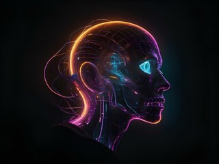 transparent glowing human head, glowing lines, black background, for design, isolated