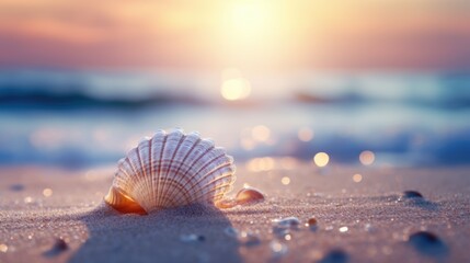 Small seashell on the beach with blurred sof sea and bokeh background