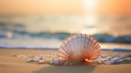 Fototapeta na wymiar Small seashell on the beach with blurred sof sea and bokeh background