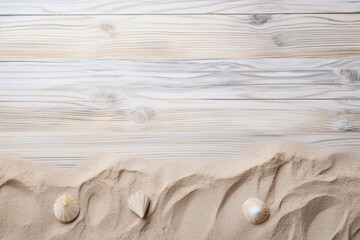 Sand on a white planked wood. Summer background. Flat lay, top view, copy space